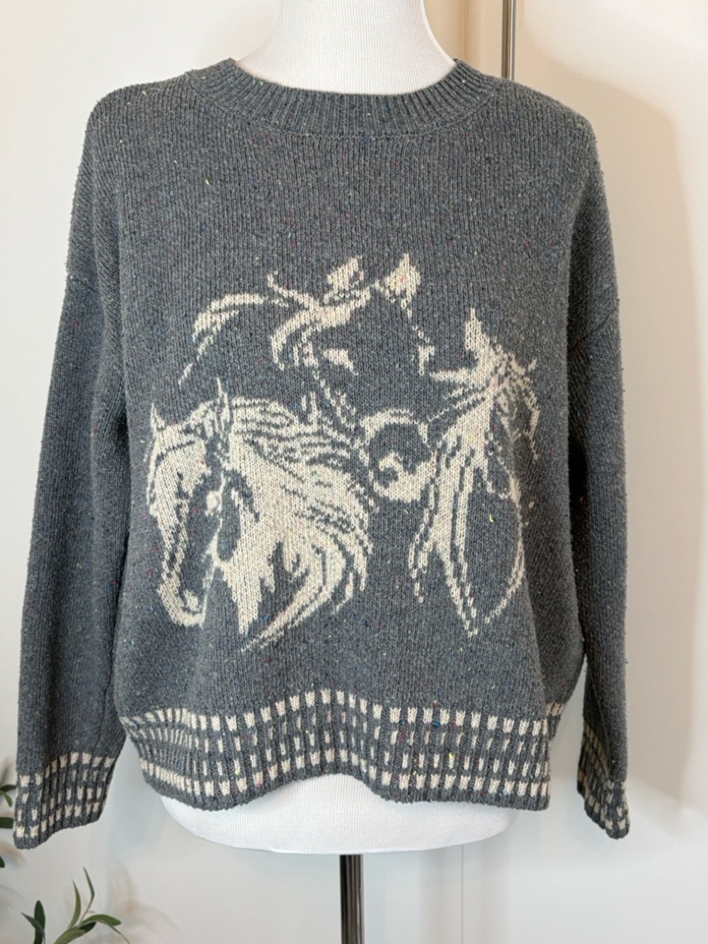 Blu Pepper Charcoal Gray Crewneck Sweater with Cream Horse Motif